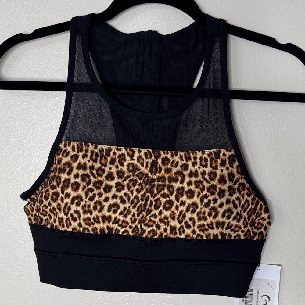 Zyia Active black Leopard all-star Sports Bra with Mesh & zipper